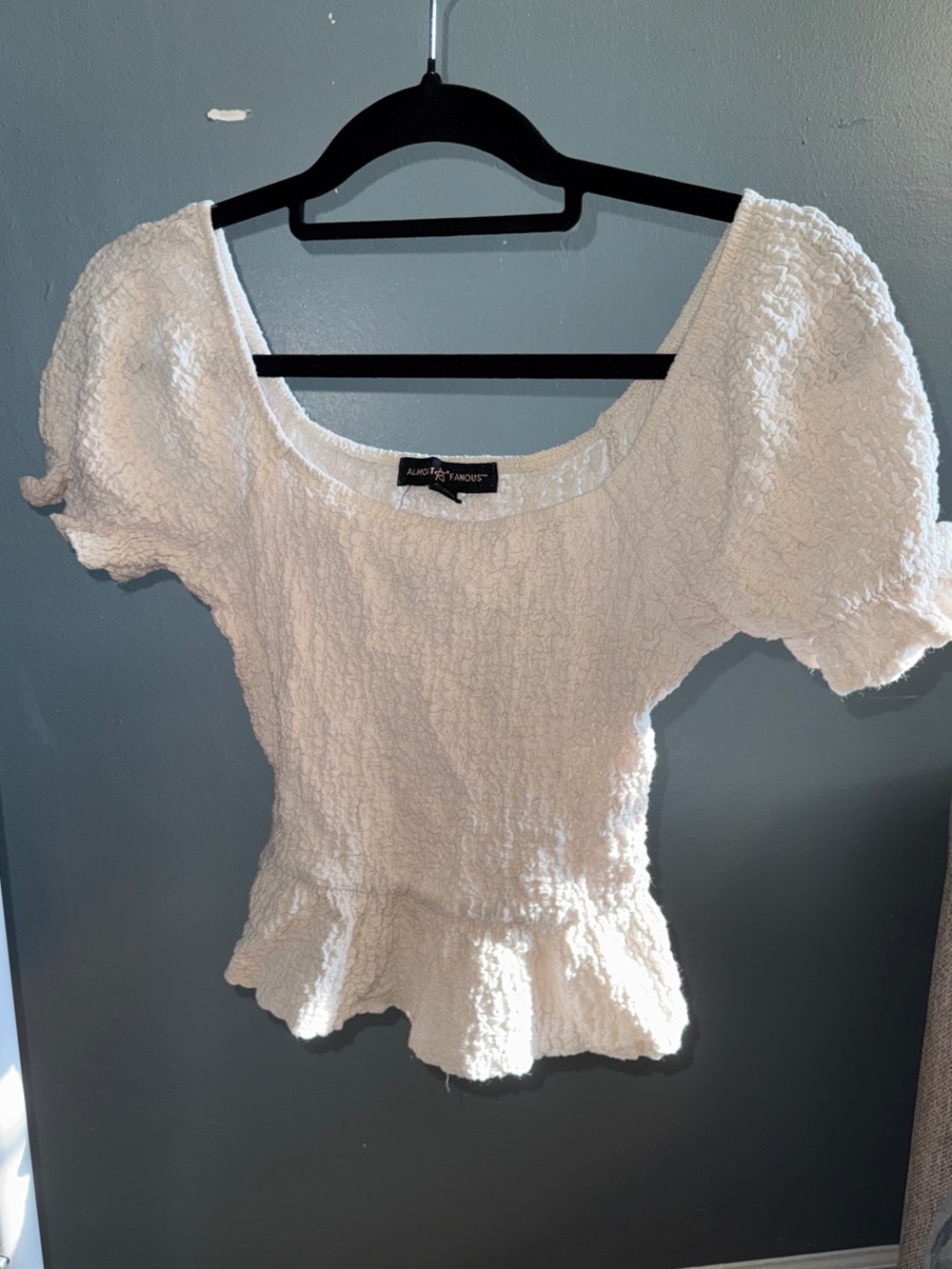 Almost Famous Cream Textured Puff Sleeve Peplum Top
